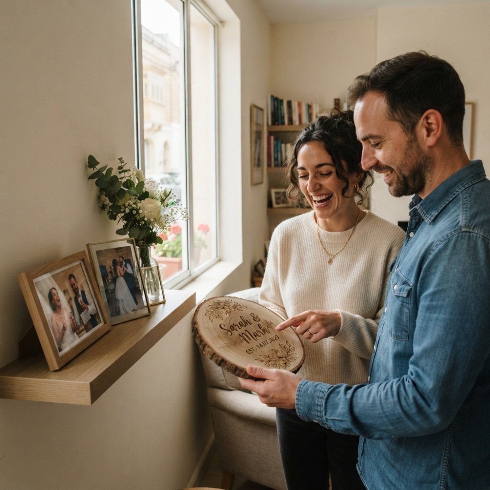Wooden wedding plaque with couple's names and wedding date displayed on a shelf alongside framed wedding photos and fresh flowers in natural window light