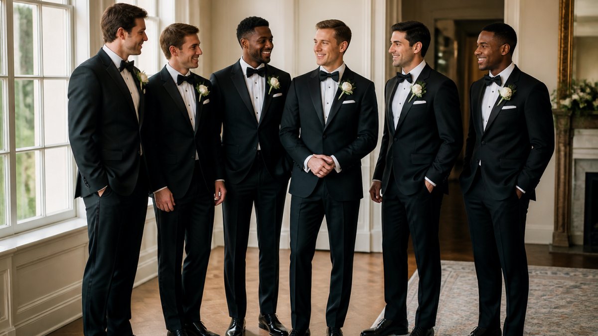Groom and groomsmen in coordinated formal suits and polished dress shoes standing in an elegant venue