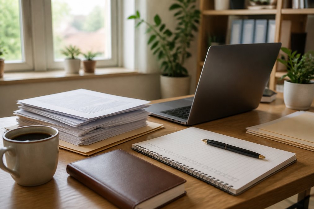 Ein Schreibtisch mit einem Laptop, auf dem digitale Gründungsdokumente zu sehen sind, daneben ein Notizblock mit einer Checkliste und eine Tasse Kaffee in einem hellen Homeoffice