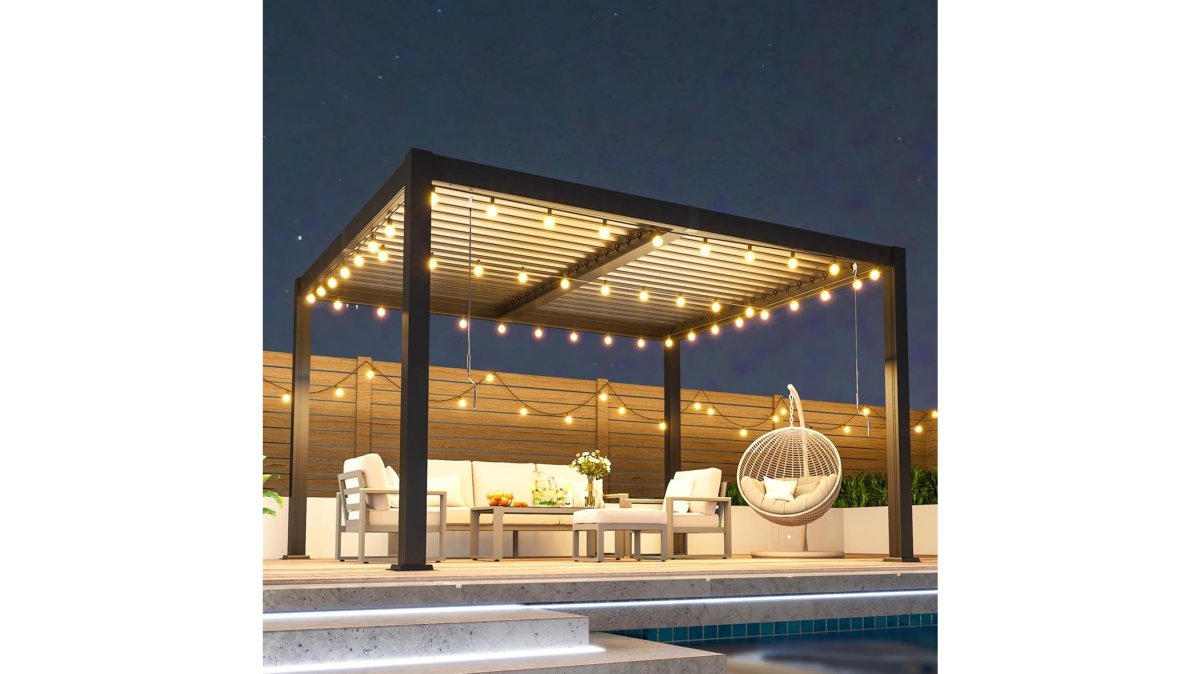 10' X 12' Louvered Pergola, Aluminum Frame Outdoor Pergola with Adjustable Louvered Roof & Integrated Gutter System, Hardtop Patio Gazebo for Backyard, Deck, Garden, Dark Gray