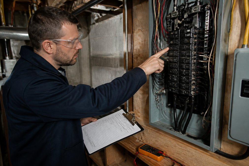 Professional electrician reviewing home electrical panel with a clipboard and multimeter, pointing to circuit breakers and main service line in a basement setting