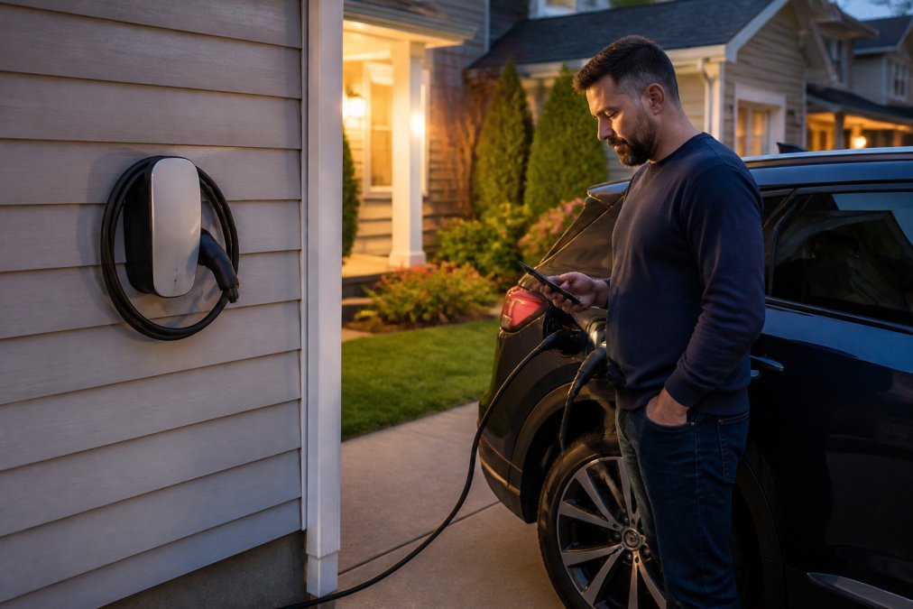 Smart EV charger mounted on residential garage wall with homeowner checking charging status on smartphone while standing in the driveway at dusk