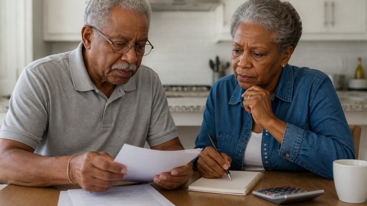 Senior couple reviewing financial documents at a kitchen table with a calculator and notepad, planning for end-of-life expenses