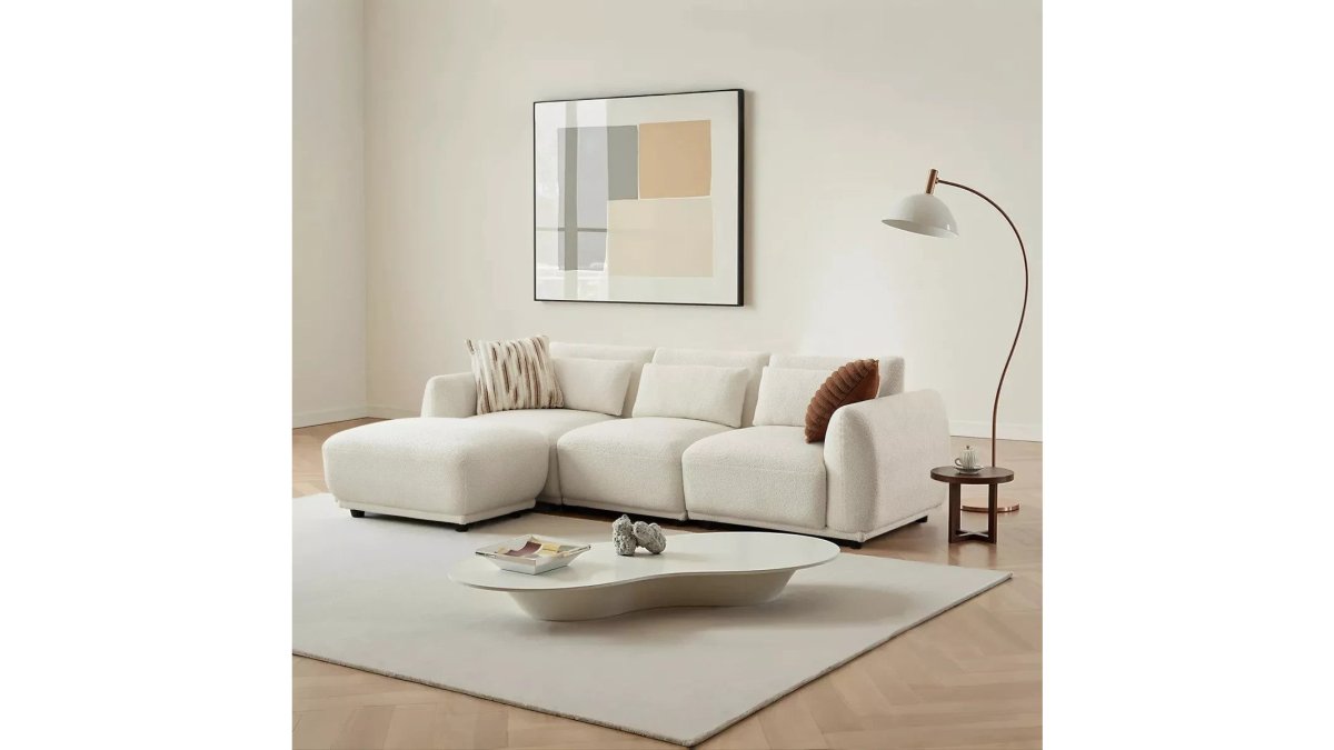 102" Modern Teddy Fabric L-Shaped Sofa, Coil Spring Seat, Off White/Black/Green