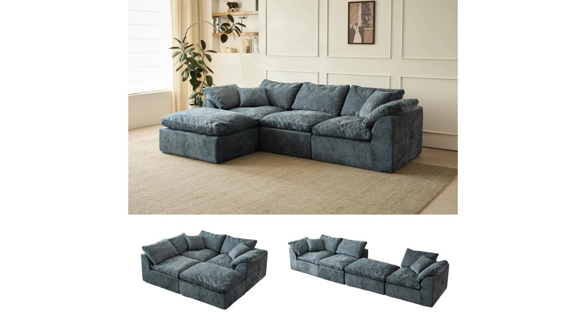 109" Modern Cloud L-Shaped 3-Seater Oversized Deep Seat Chenille Fabric Sofa Blue Modular Sectional with Ottoman