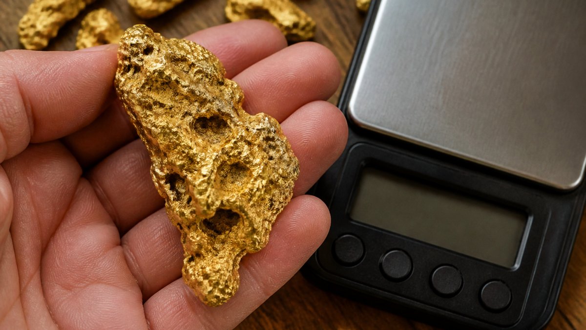 Close-up of a natural Australian gold nugget being held in hand, showing organic surface texture, natural cavities, and irregular shape, with a digital scale displaying weight in grams nearby