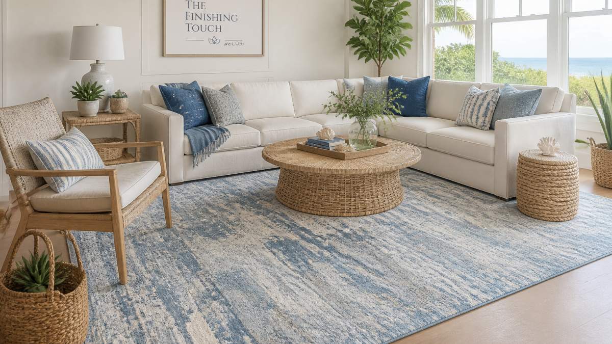 A bright, airy living room with a large coastal-style area rug in soft blue and cream tones, styled with a light linen sofa, woven rattan accents, and natural light streaming through tall windows