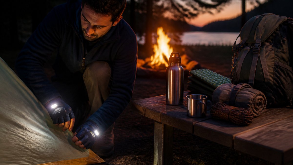 Infographic illustrating the step-by-step process of setting up a tent at dusk using LED fingerless gloves