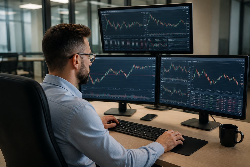 Professional trader sitting at desk with multiple monitors displaying MT5 platform with live charts, candlesticks, and trading data, hands positioned on keyboard ready to execute trades in modern office environment