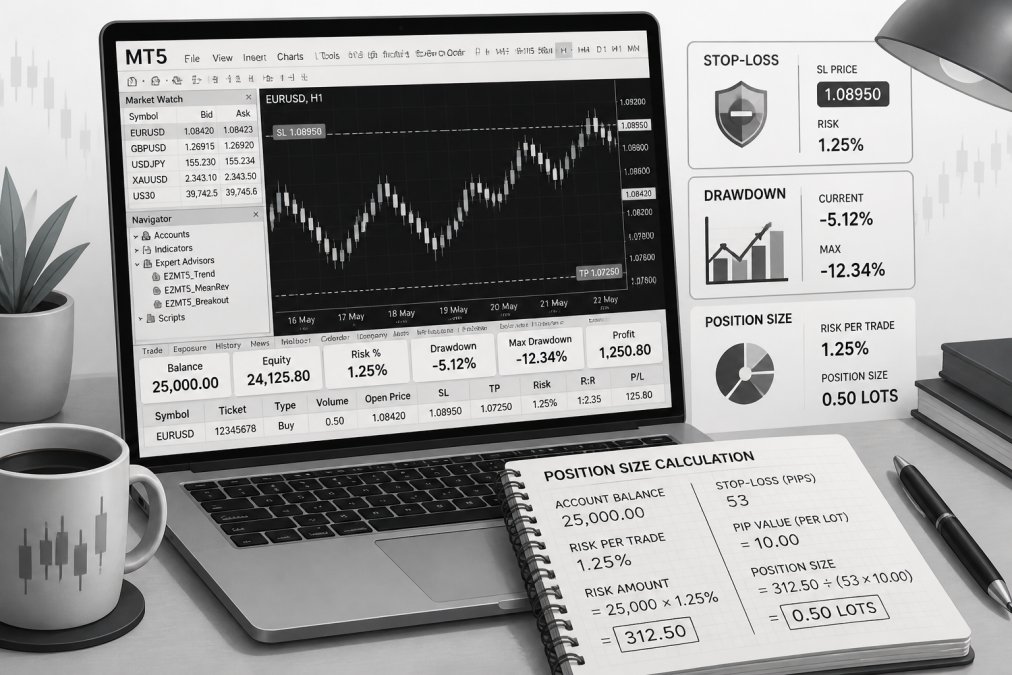 Close-up of professional trader's workspace showing laptop with MT5 platform open displaying risk metrics, notepad with position size calculations and drawdown percentages, coffee cup, focused concentration on screen with trading data visible
