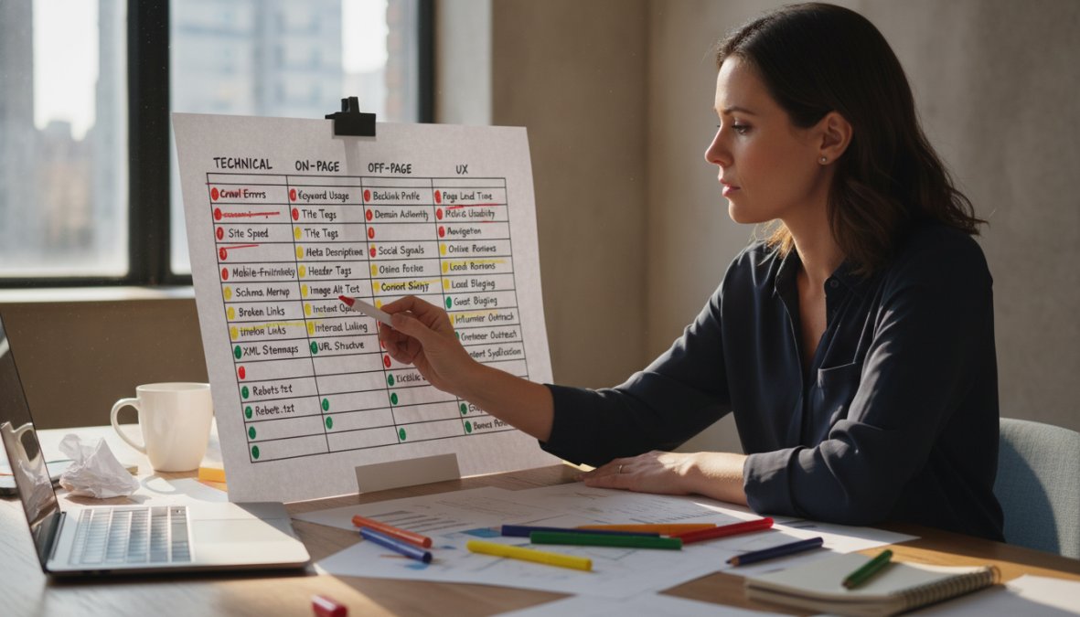 SEO audit checklist matrix showing 4 categories (Technical, On-Page, Off-Page, UX) with 8 checklist items each, color-coded by priority: red for critical, yellow for important, green for optimization