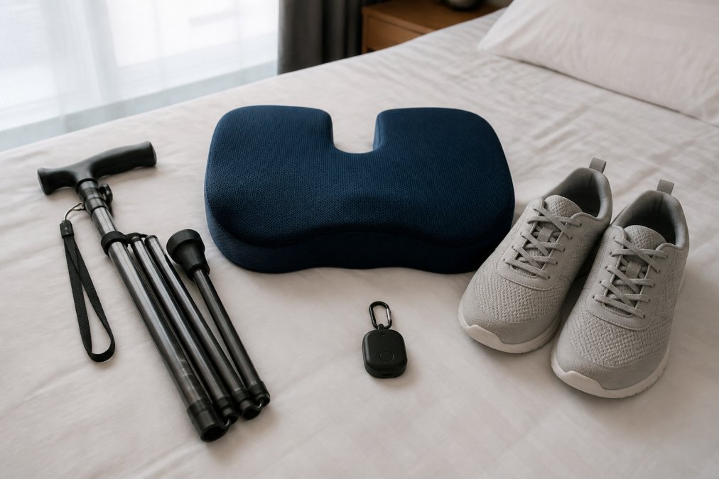 A neatly organized flat lay of travel accessories for seniors on a hotel bed, including a foldable walking cane, a memory foam seat cushion, comfortable wide-fit sneakers, and a small GPS tracker device, arranged in an appealing composition with soft natural window light