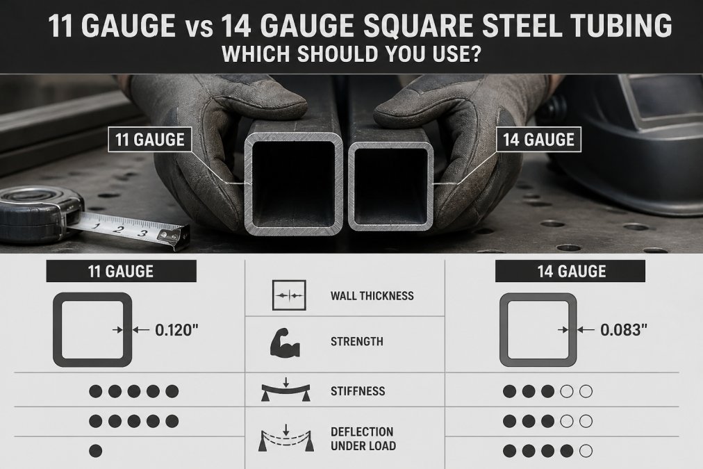 Comparison of 11 gauge and 14 gauge square steel tubing wall thickness held by a fabricator in a workshop