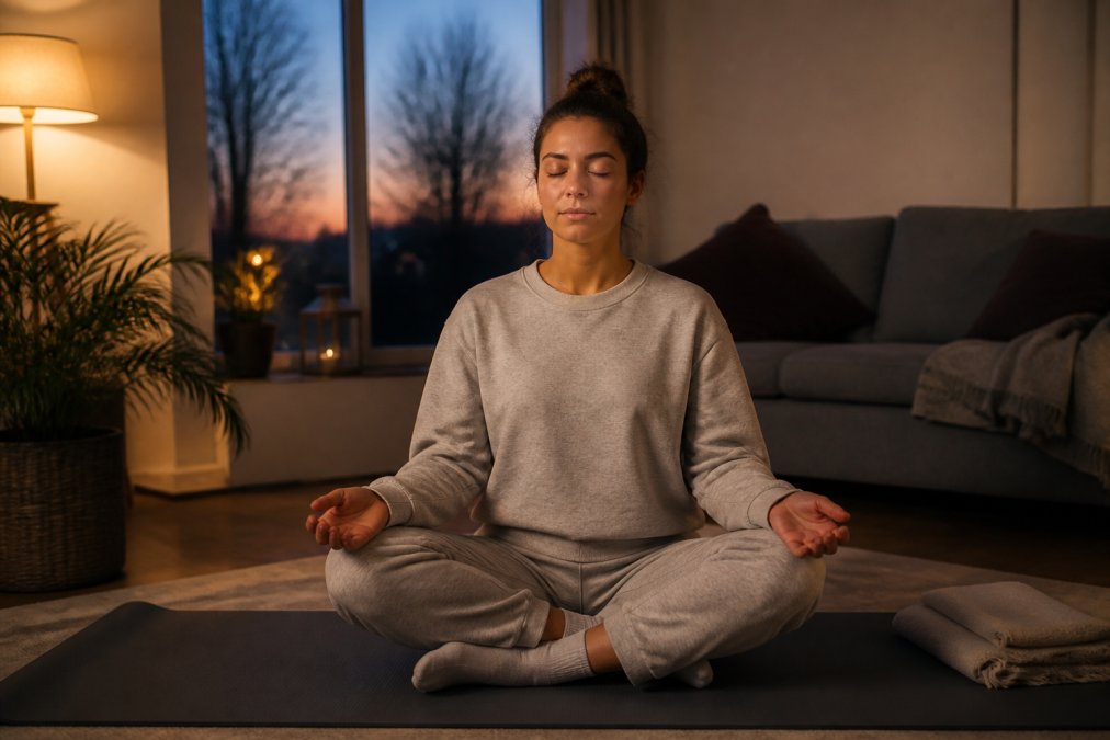 A person in comfortable loungewear sitting cross-legged on a yoga mat in a softly lit living room at dusk, eyes closed and hands resting on knees, appearing calm