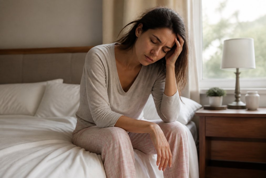 A woman in her mid-30s sitting on the edge of her bed in the morning, looking tired and holding her head, with soft natural light streaming through the window