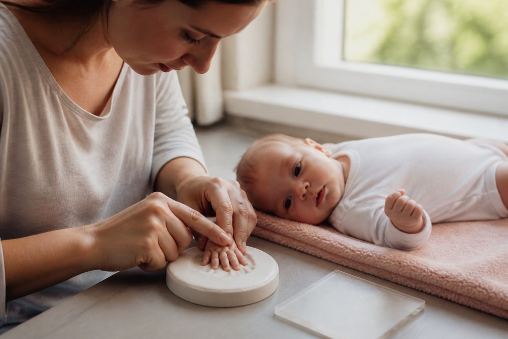 A parent's hand gently guiding a newborn's tiny hand into soft moldable material, with soft natural window light illuminating the baby's delicate fingers and the concentrated expression on the parent's face
