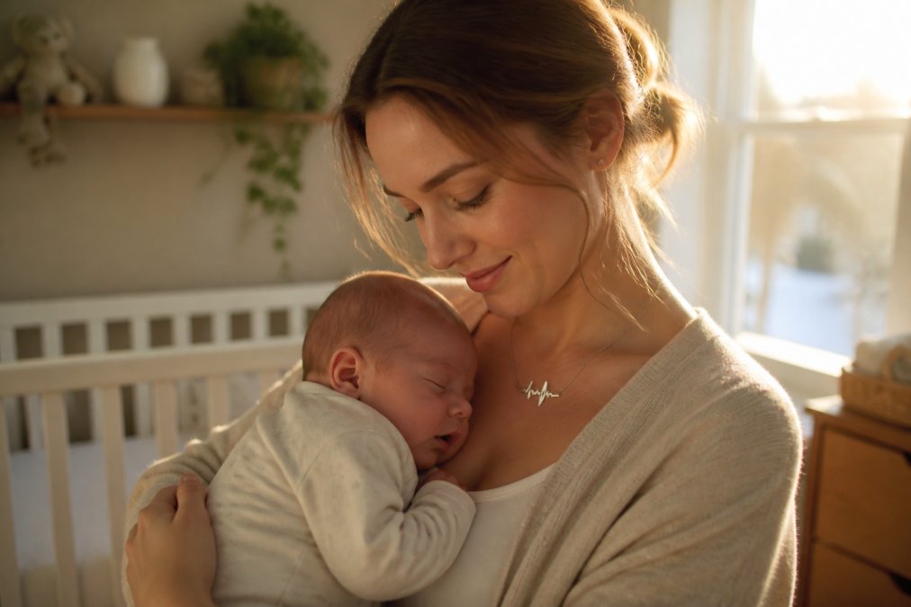 A mother wearing a delicate heartbeat sound wave necklace, smiling softly while holding her sleeping newborn against her chest, with warm golden-hour sunlight streaming through a nursery window in the background