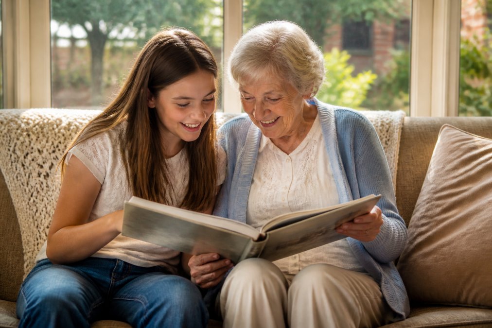 An elderly grandmother and teenage granddaughter sitting together on a comfortable sofa, both smiling while looking through the pages of a nostalgia book, warm afternoon sunlight streaming through the window behind them