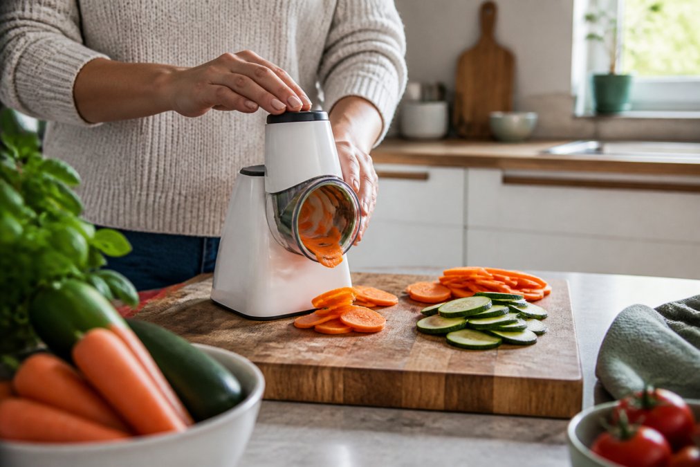 A home cook's hands using a handheld electric slicer over a wooden chopping board in a bright modern kitchen, fresh carrots and courgettes nearby, natural daylight from a window