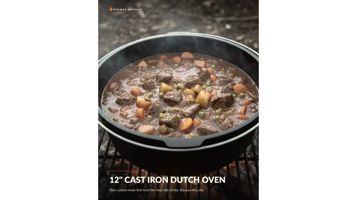 Complete camping cookware setup arranged around a roaring campfire at dusk, featuring a Dutch oven, cast iron skillet, adjustable grill, and cooking utensils with warm firelight illuminating the gear