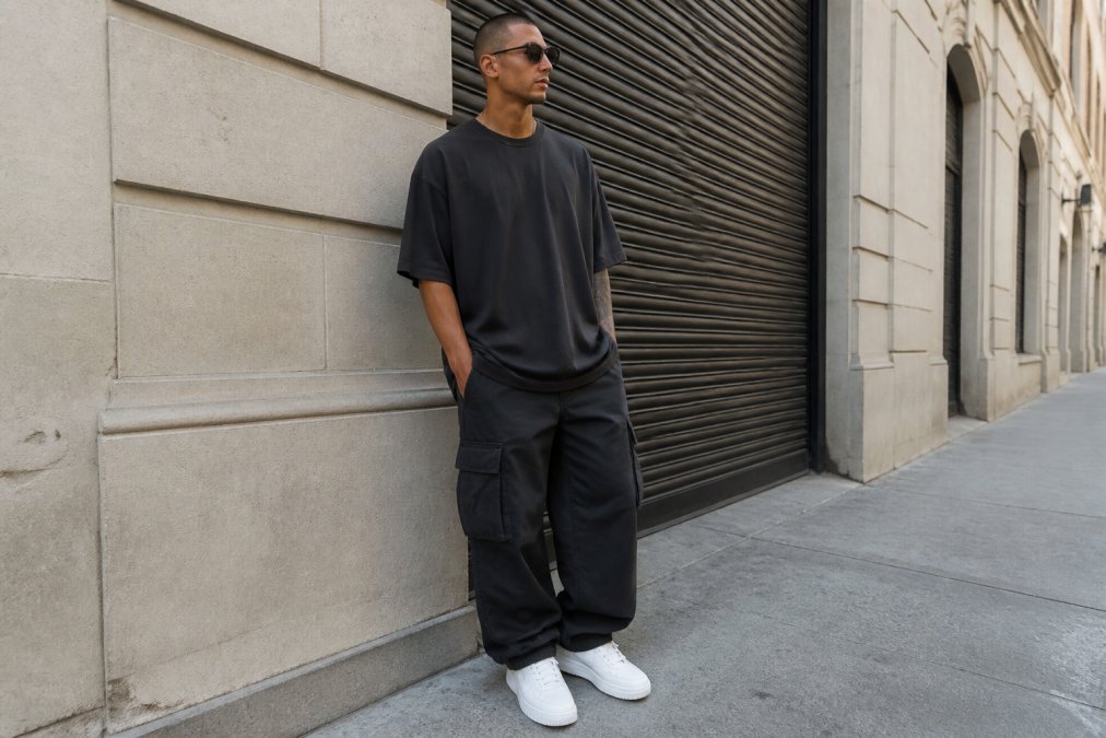 A man wearing an oversized heavyweight streetwear tee, relaxed-fit cargo pants, and clean sneakers, standing in an urban setting with neutral tones and natural lighting, showing a complete streetwear outfit