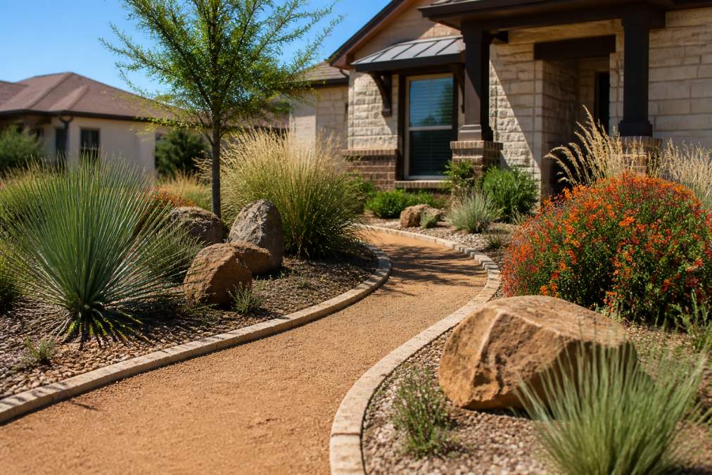 A vibrant San Antonio front yard featuring decomposed granite pathways, large boulders, native grasses, and blooming esperanza shrubs under bright Texas sun