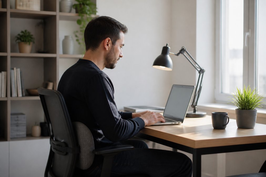 A busy professional working from a bright home office, using a laptop with a sleek desk lamp and a comfortable posture support cushion on their chair