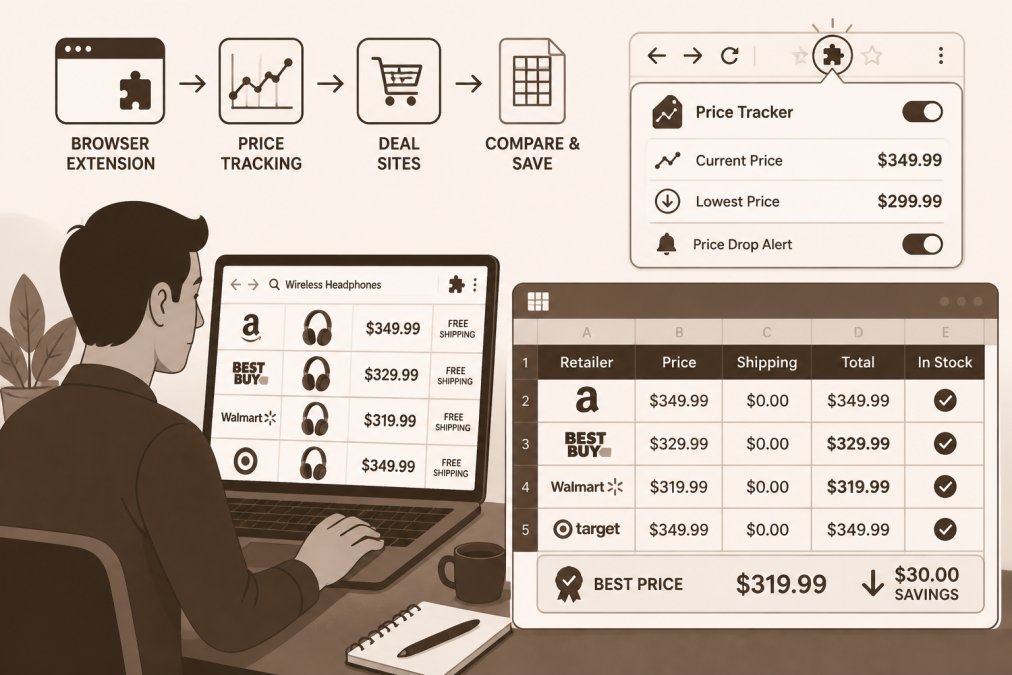 Person at laptop comparing electronics prices across multiple retailer websites, with price tracking browser extension visible in the toolbar and comparison spreadsheet open