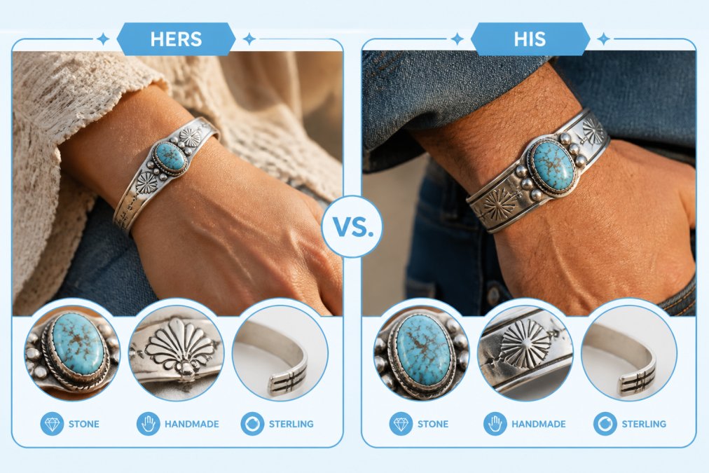 Close-up of a couple's hands wearing matching sterling silver turquoise cuff bracelets, showing handcrafted details and natural stone matrix patterns in warm natural lighting