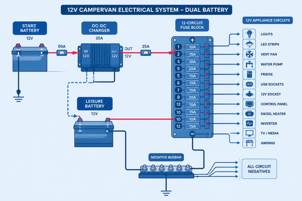 Wiring diagram showing connections between leisure battery, DC-DC charger, 12-circuit fuse block, busbar, and 12V appliance circuits in a dual-battery campervan system