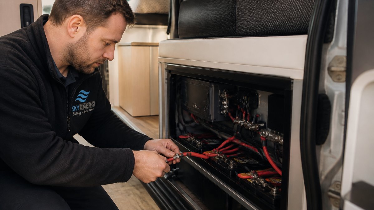 Professional installer connecting DC-to-DC charger cables in campervan electrical compartment with multiple battery terminals visible and clear workspace lighting