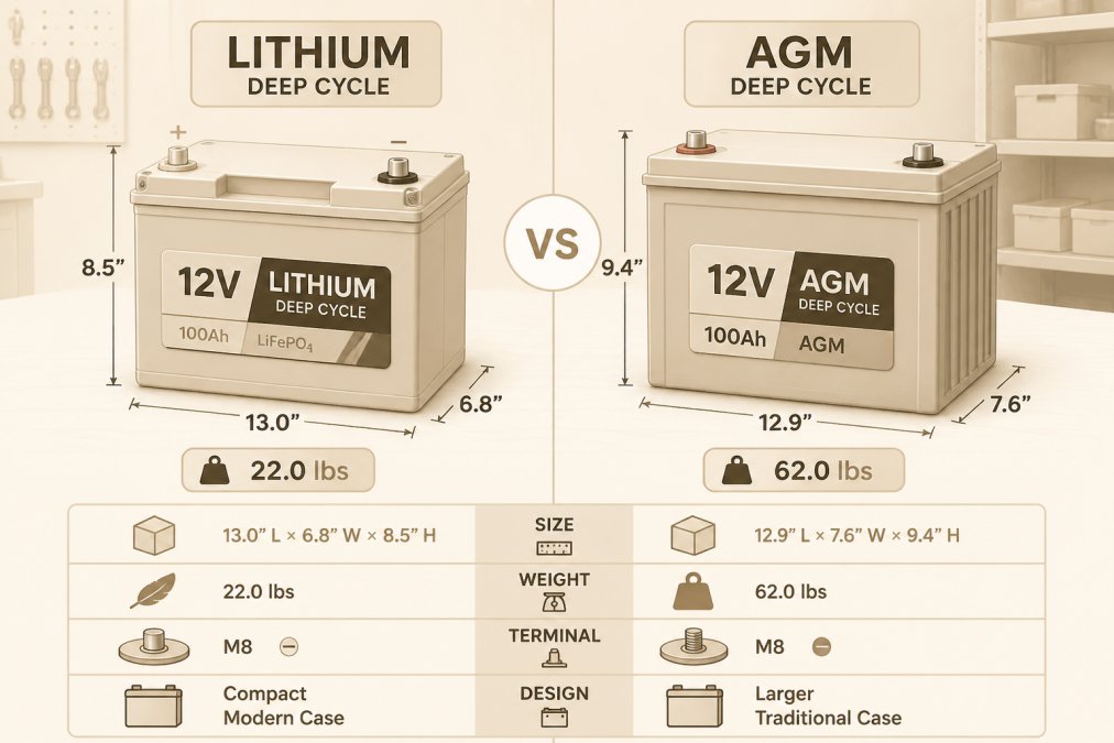 Close-up of a lithium deep cycle battery and an AGM battery positioned side by side in a bright workshop, showing distinct differences in size, weight, terminal configurations, and physical design