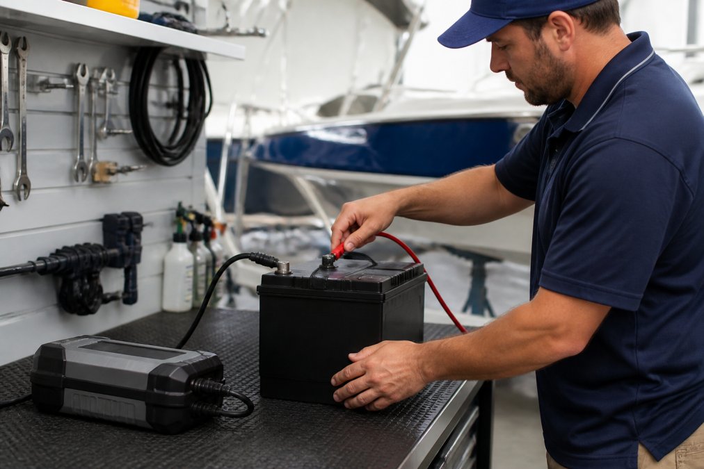 Technician connecting a 12V deep cycle battery to a smart charger with proper cable connections displayed clearly, showing the charging setup in a clean marine workshop with organized tools and cable management