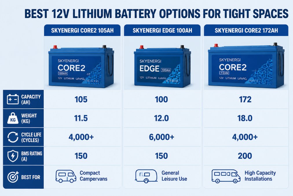 Feature comparison matrix showing Skyenergi Core2 105Ah, Edge 100Ah, and Core2 172Ah with columns for capacity (Ah), weight (kg), cycle life (cycles), BMS rating (A), and best-for use case