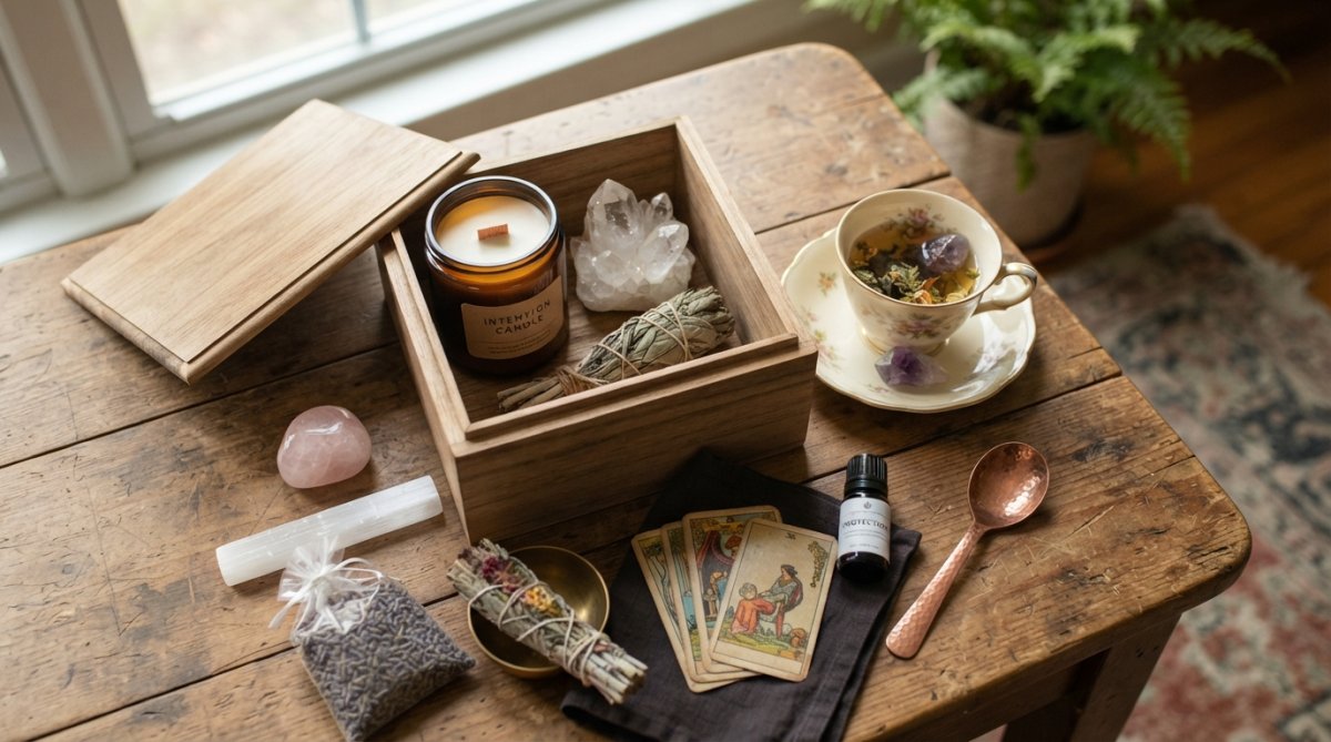 A flat lay of a handcrafted gift box on a wooden table, featuring a soy wax candle with a wooden wick, a quartz crystal, and a vintage teacup, styled with soft natural light