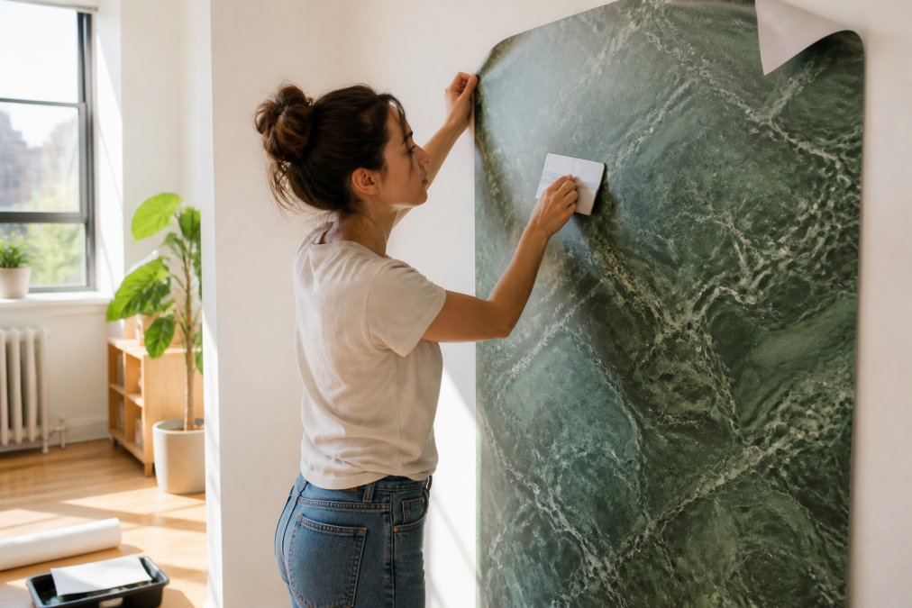 A young woman in a bright, sunlit apartment pressing a large sheet of green marble peel-and-stick wallpaper onto a wall, using a smooth plastic applicator tool to flatten air bubbles