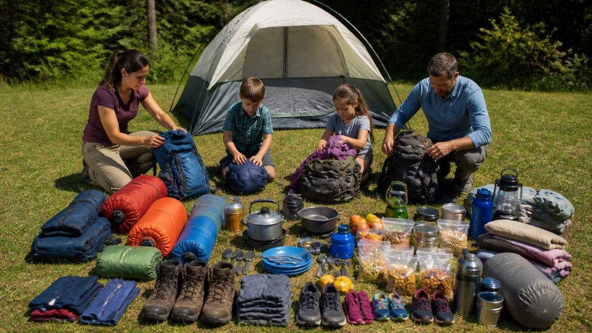 Family of four organizing camping gear and supplies on the grass before their trip