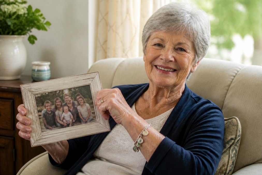 Older parent wearing personalized charm bracelet while holding a framed family photo, smiling with genuine warmth, seated in a comfortable home setting with soft natural lighting