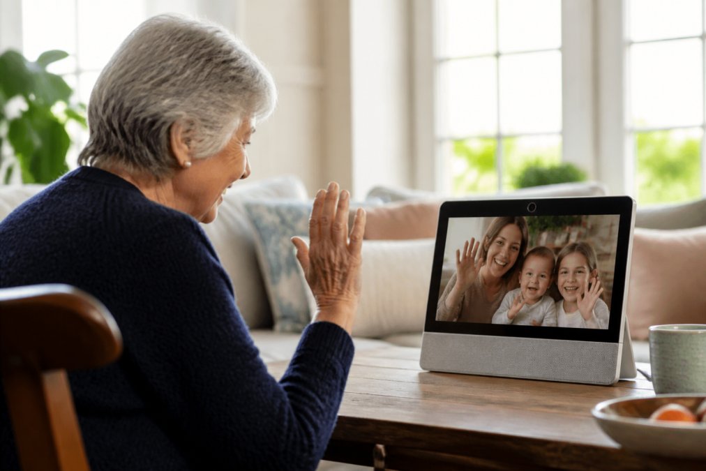 Aging parent video calling with grandchildren on a large smart display device, seated comfortably at home with a warm, engaged expression, bright and welcoming room setting