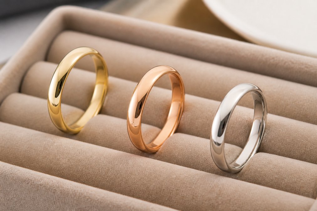 Close-up photograph of three gold rings in yellow, rose, and white gold resting on a soft velvet jewelry tray under warm lighting, showing their different tones and surface finishes