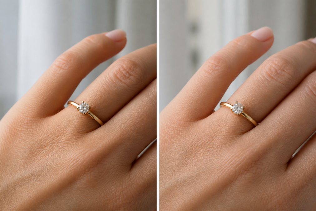 Close-up of a 14K gold engagement ring on a woman's hand, fine details of the band and setting visible in soft natural window light