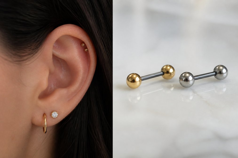 Close-up of a woman's ear with a healed helix piercing wearing a titanium barbell with 14k gold balls, soft natural lighting, clean background