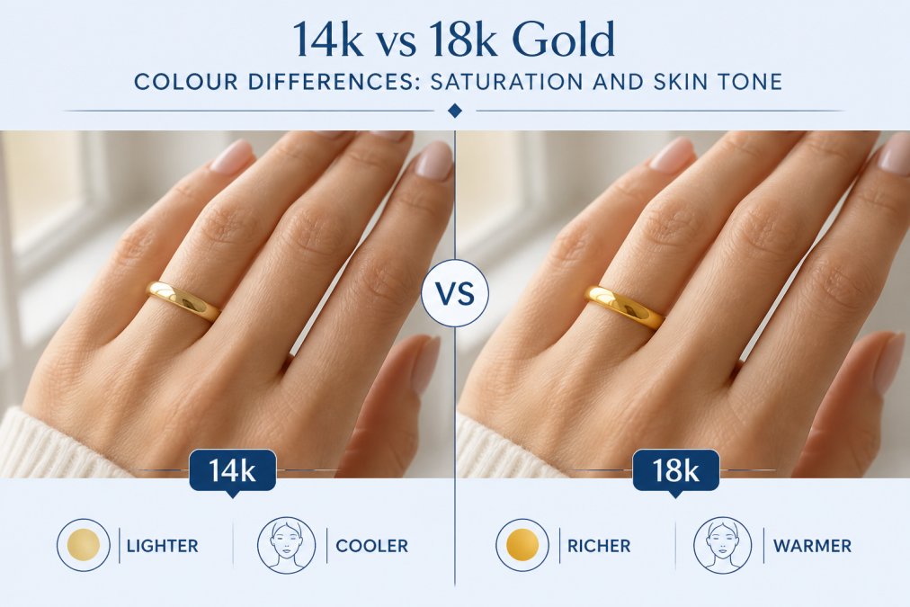 Close-up of a woman's hand wearing two gold rings side by side, one in 14k and one in 18k, showing the subtle colour difference against her skin in natural window light
