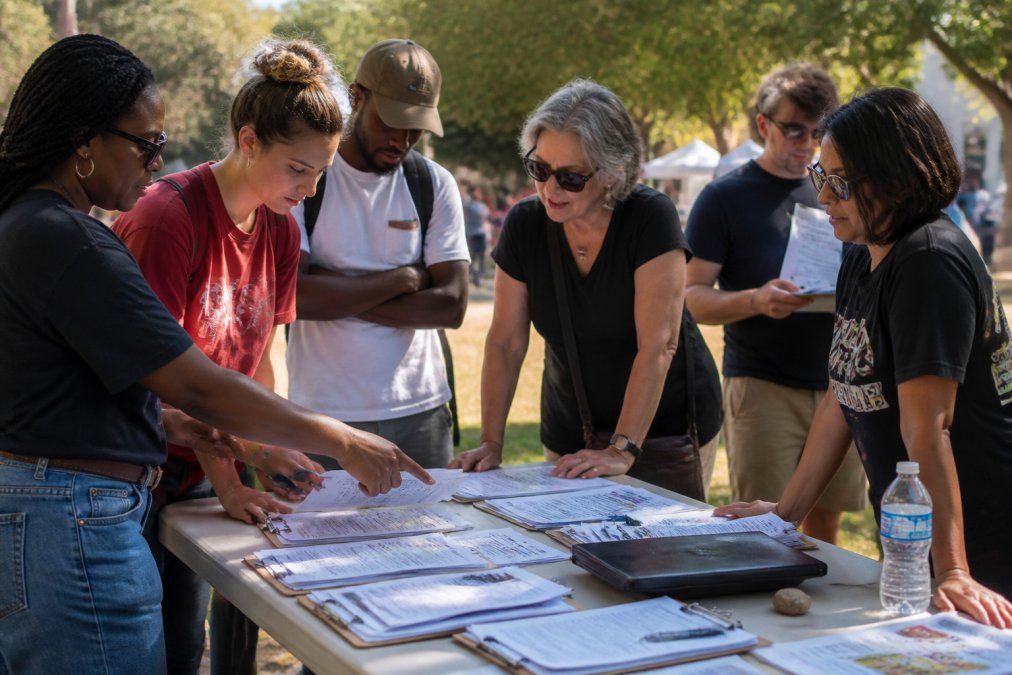 Diverse group of engaged citizens wearing statement apparel at a civic event, discussing and organizing together in natural daylight, representing grassroots democratic participation