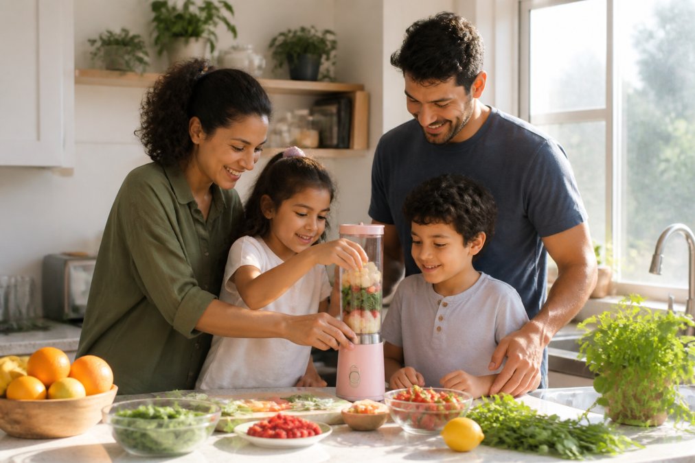 Busy family kitchen with parents and children preparing fresh smoothies together using a portable blender, fresh fruits and vegetables on the counter, natural morning sunlight streaming through windows