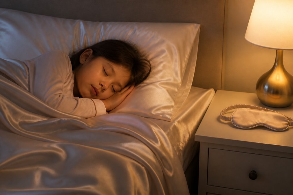 Peaceful bedroom scene with child sleeping soundly on luxuriously soft silk bedding, silk sleep mask resting on the nightstand, warm ambient lighting creating calming atmosphere