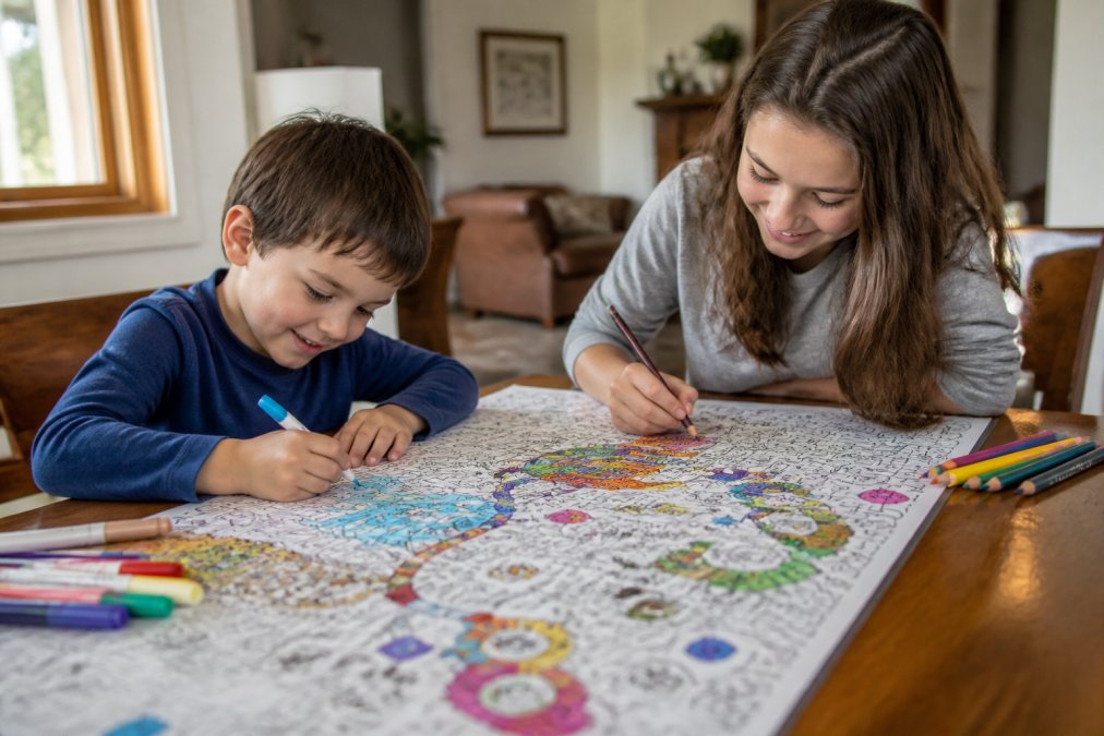 Two children of different ages sitting together at a large coloring sheet spread across a wooden table, one younger child coloring with bright markers while an older sibling adds intricate details with colored pencils, both focused and smiling, natural window light illuminating their work