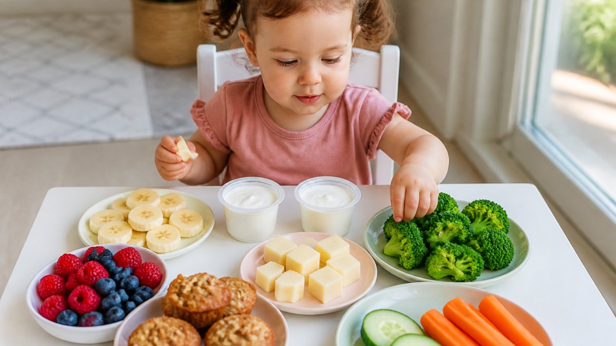 Infographic displaying a variety of healthy sweet and savory snack ideas for toddlers on a sunny table.