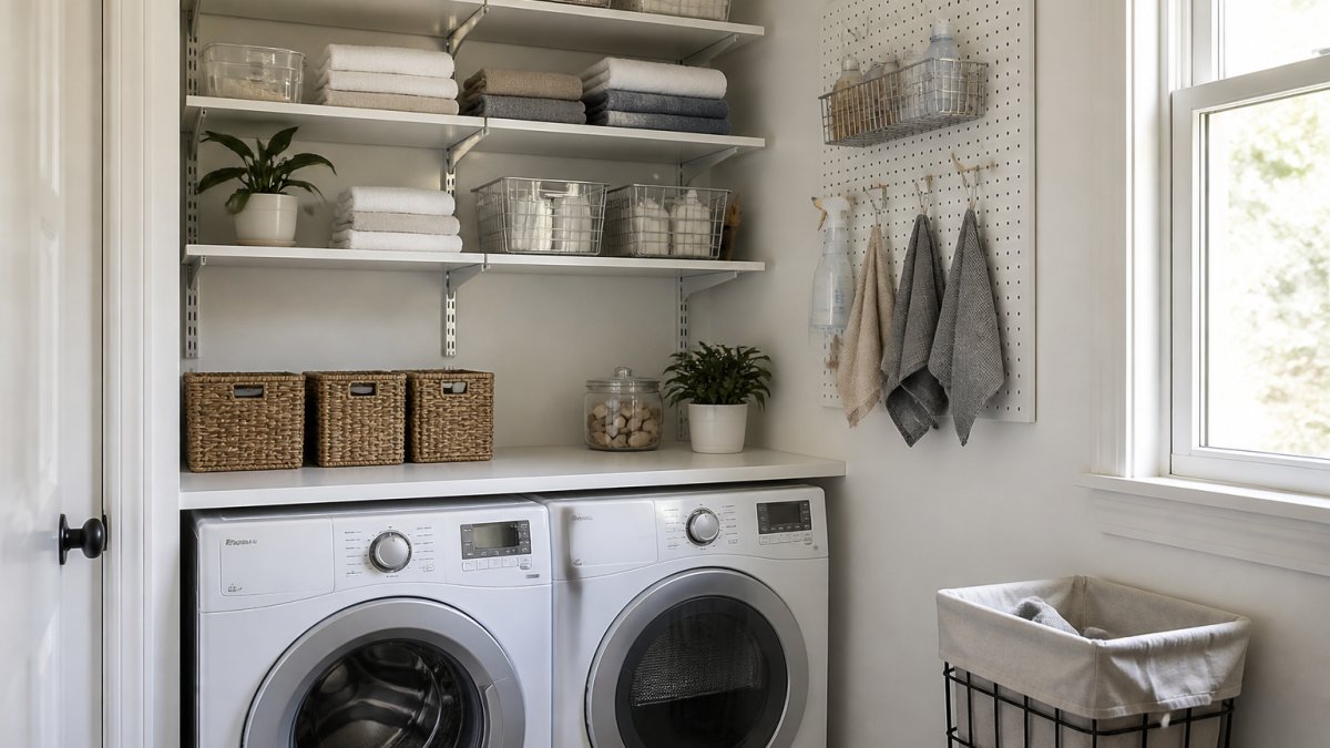 Adjustable metal shelves and a pegboard provide laundry room wall storage above a compact washer-dryer unit.