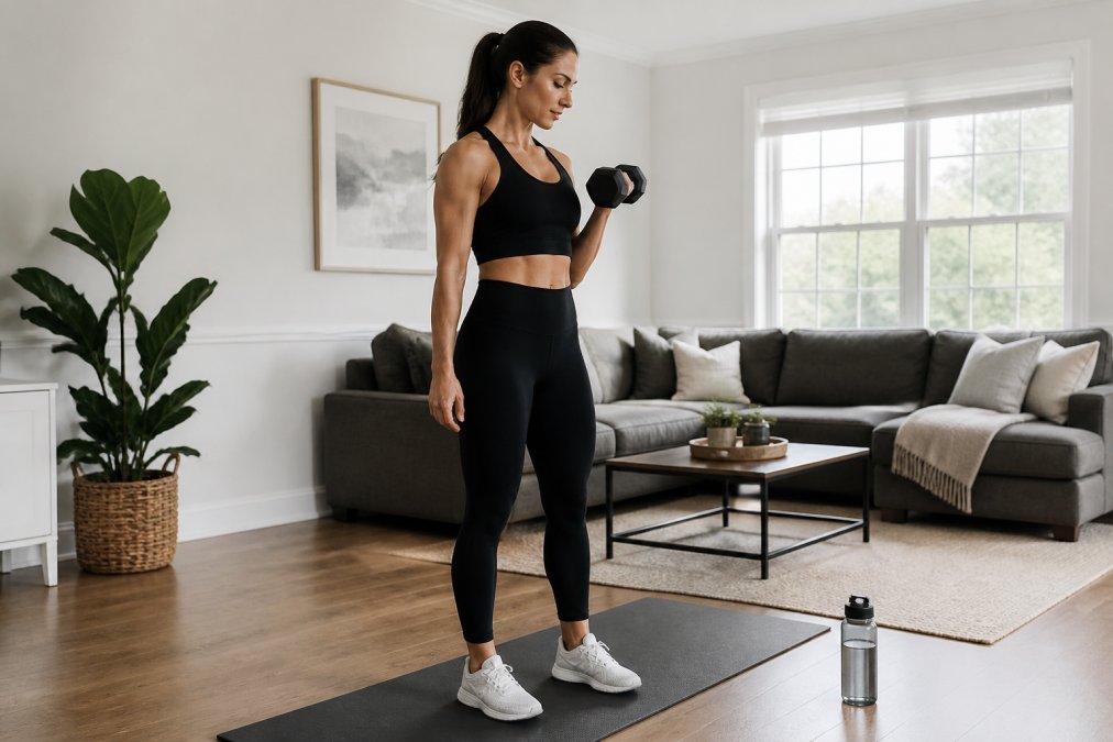 A woman in athletic wear performing a standing bicep curl with a rubber-coated dumbbell in a bright, tidy home living room, with a yoga mat on the floor and a water bottle nearby